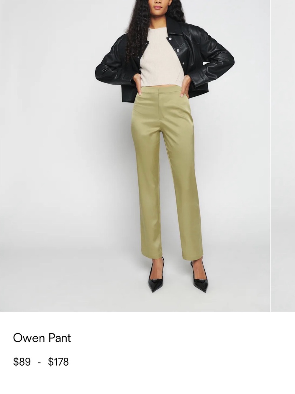 Reformation Owen Straight Leg Satin Pants — Light Olive
